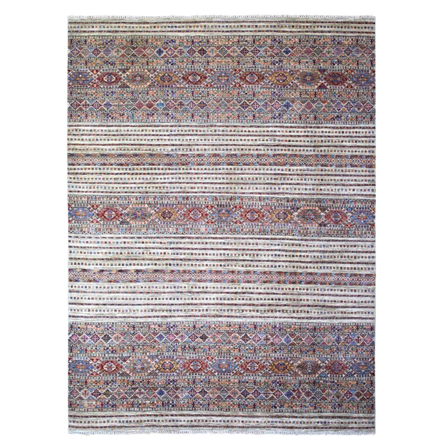 8'10"x11'10" Vista White, Afghan Super Kazak with Khorjin Design with Colorful Tassels, Natural Dyes, Densely Woven Ghazni Wool, Hand Knotted, Oriental Rug Sh74619