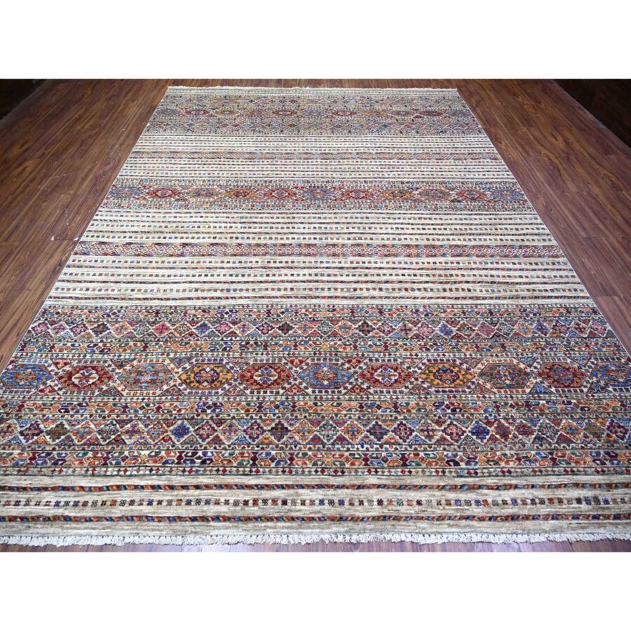 8'10"x11'10" Vista White, Afghan Super Kazak with Khorjin Design with Colorful Tassels, Natural Dyes, Densely Woven Ghazni Wool, Hand Knotted, Oriental Rug Sh74619 - Image 3