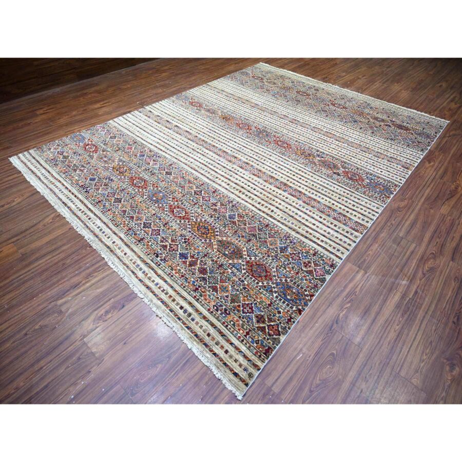 8'10"x11'10" Vista White, Afghan Super Kazak with Khorjin Design with Colorful Tassels, Natural Dyes, Densely Woven Ghazni Wool, Hand Knotted, Oriental Rug Sh74619 - Image 4