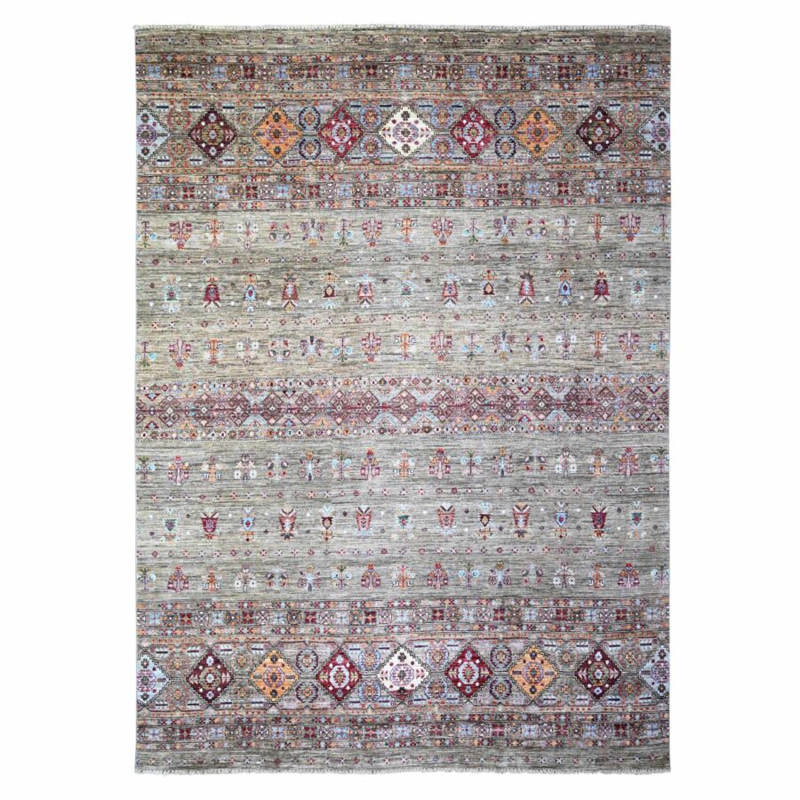 8'6"x11'8" Sage Gray, Vegetable Dyes, Hand Knotted, Afghan Super Kazak with Khorjin Design with Colorful Tassels, Densely Woven, Shiny Wool, Oriental Rug Sh74621