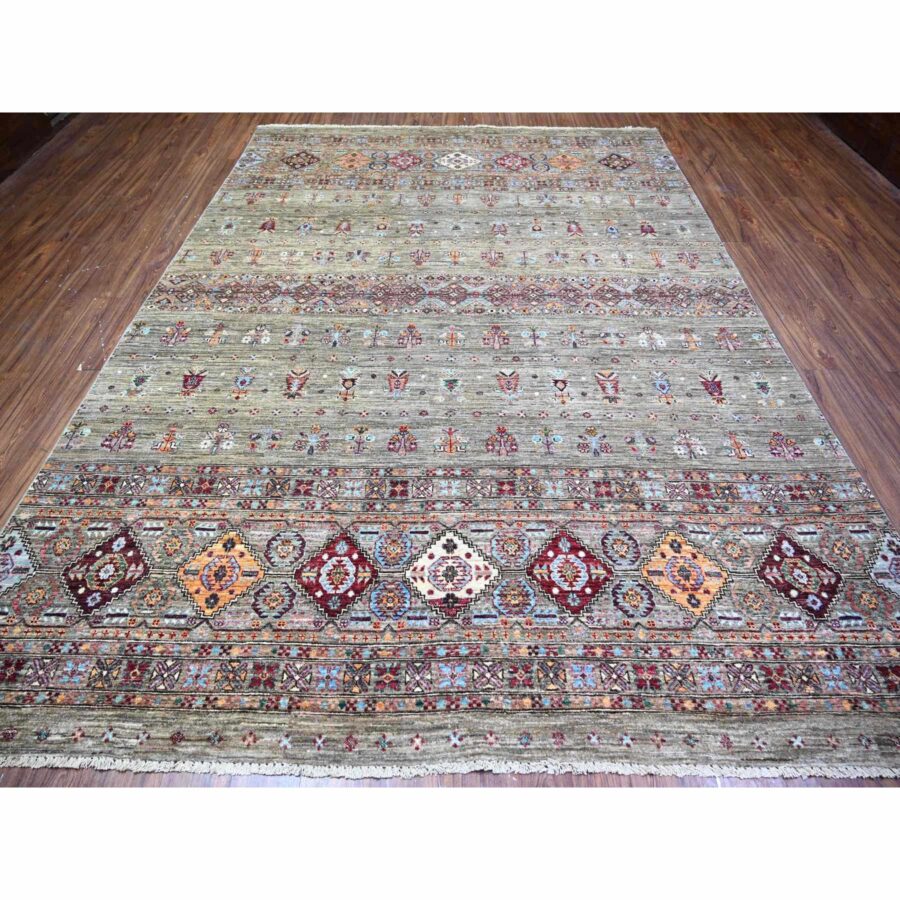 8'6"x11'8" Sage Gray, Vegetable Dyes, Hand Knotted, Afghan Super Kazak with Khorjin Design with Colorful Tassels, Densely Woven, Shiny Wool, Oriental Rug Sh74621 - Image 3