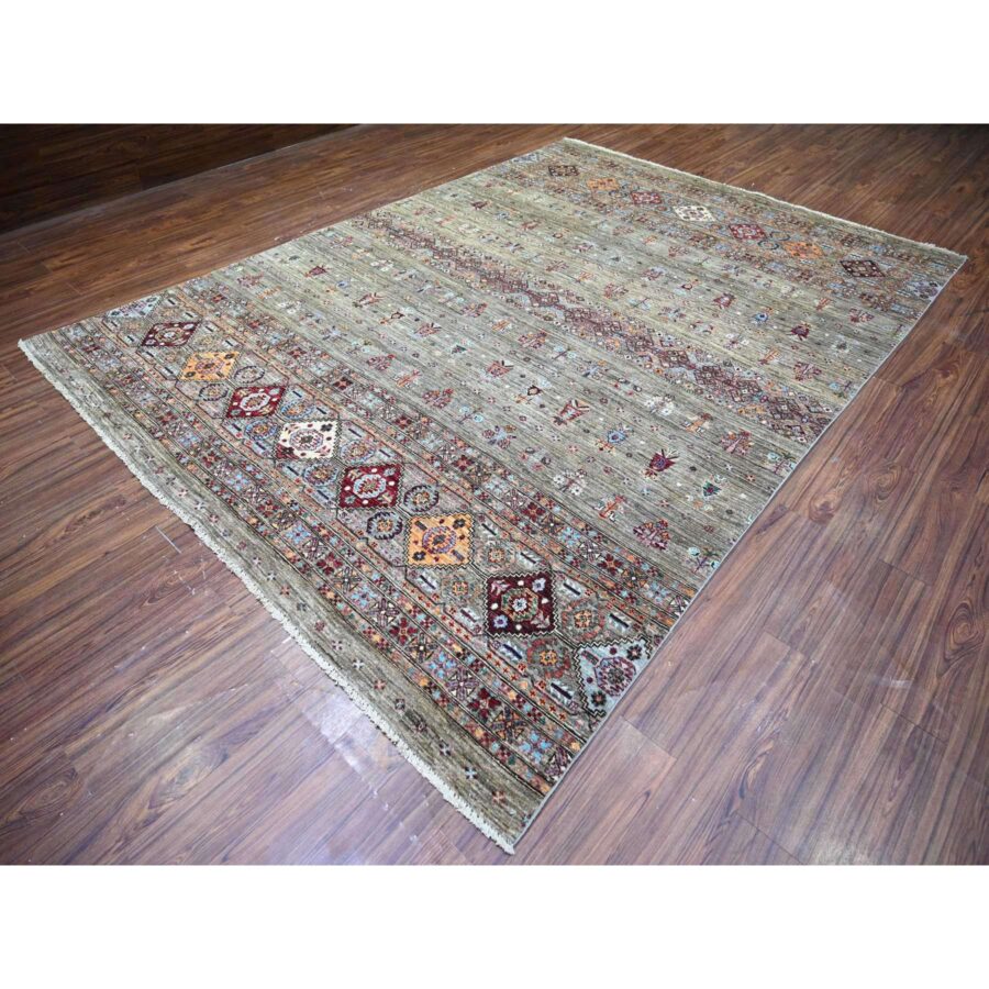 8'6"x11'8" Sage Gray, Vegetable Dyes, Hand Knotted, Afghan Super Kazak with Khorjin Design with Colorful Tassels, Densely Woven, Shiny Wool, Oriental Rug Sh74621 - Image 4