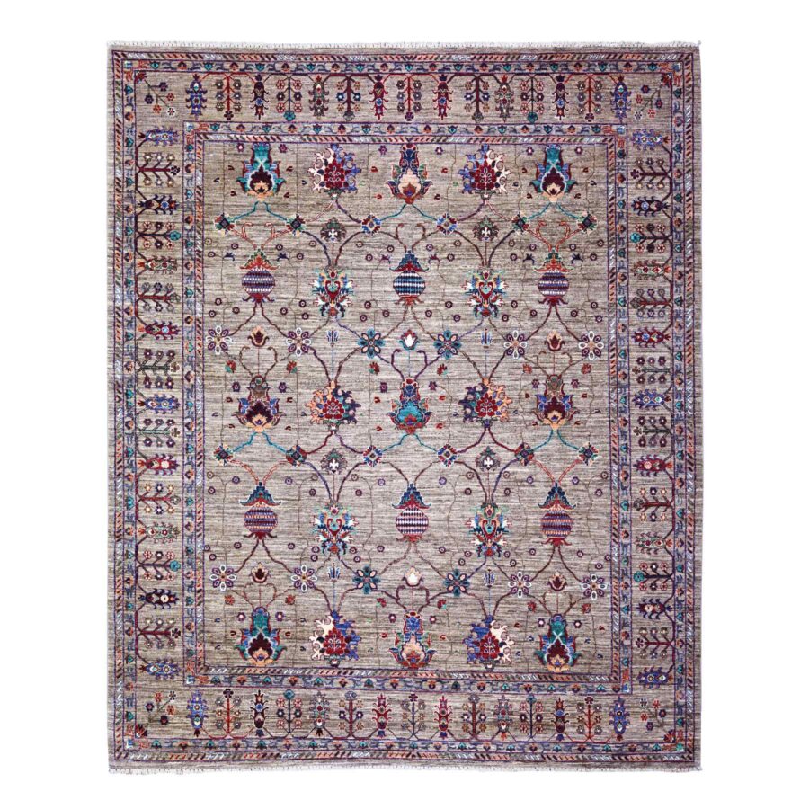 7'9"x9'6" Carbon Gray, Hand Knotted, Sultani Pomegranate Design, Shiny and Soft Wool, Vegetable Dyes, Densely Woven Oriental Rug Sh74624