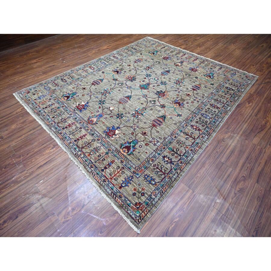 7'9"x9'6" Carbon Gray, Hand Knotted, Sultani Pomegranate Design, Shiny and Soft Wool, Vegetable Dyes, Densely Woven Oriental Rug Sh74624 - Image 4