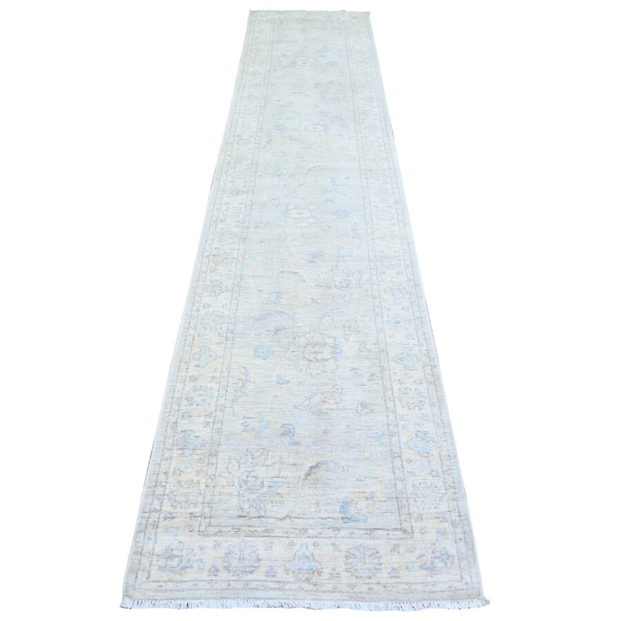 2'6"x12'2" Gray Goose, Washed Out Peshawar with Faded Colors, Vegetable Dyes, Extra Soft Wool, Hand Knotted, Runner Oriental Rug Sh74647