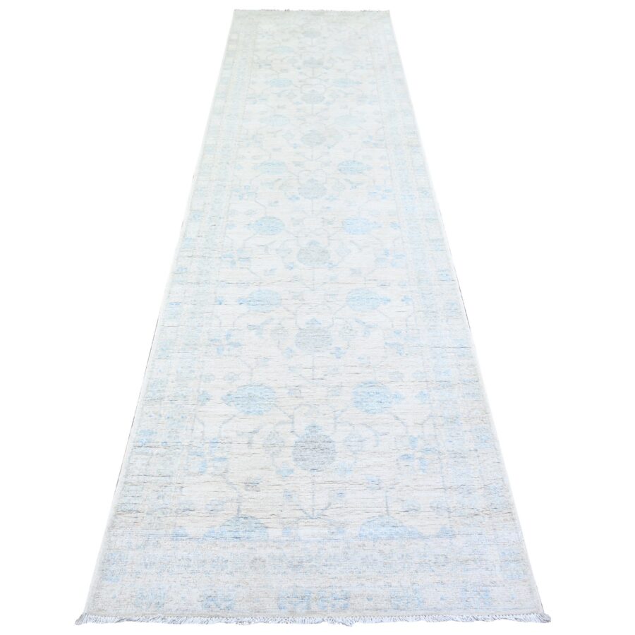 3'1"x11'7" Frost White, Vegetable Dyes, Washed Out Peshawar with Faded Designs, Extra Soft Wool, Hand Knotted, Runner Oriental Rug Sh74649