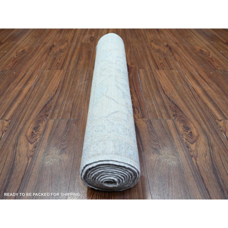 3'1"x11'7" Frost White, Vegetable Dyes, Washed Out Peshawar with Faded Designs, Extra Soft Wool, Hand Knotted, Runner Oriental Rug Sh74649 - Image 4