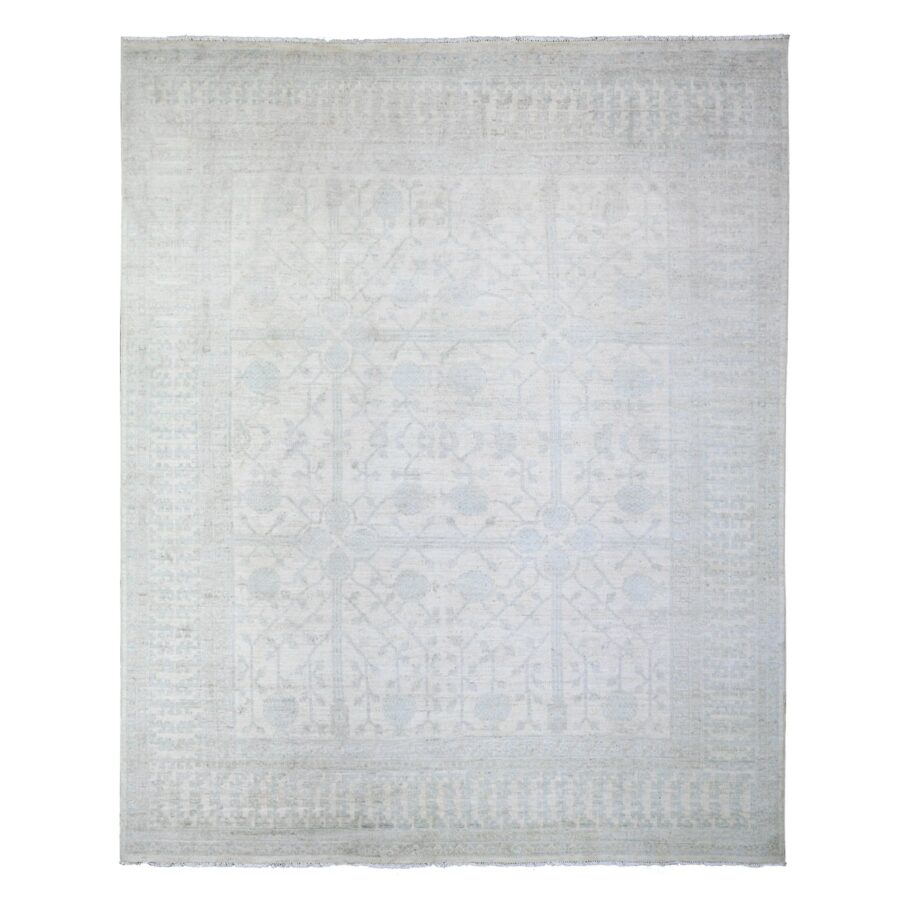 7'10"x9'5" Anti-Flash White, Hand Knotted, White Wash Khotan Inspired Pomegranate Design, Shiny Wool, Oriental Rug Sh74667