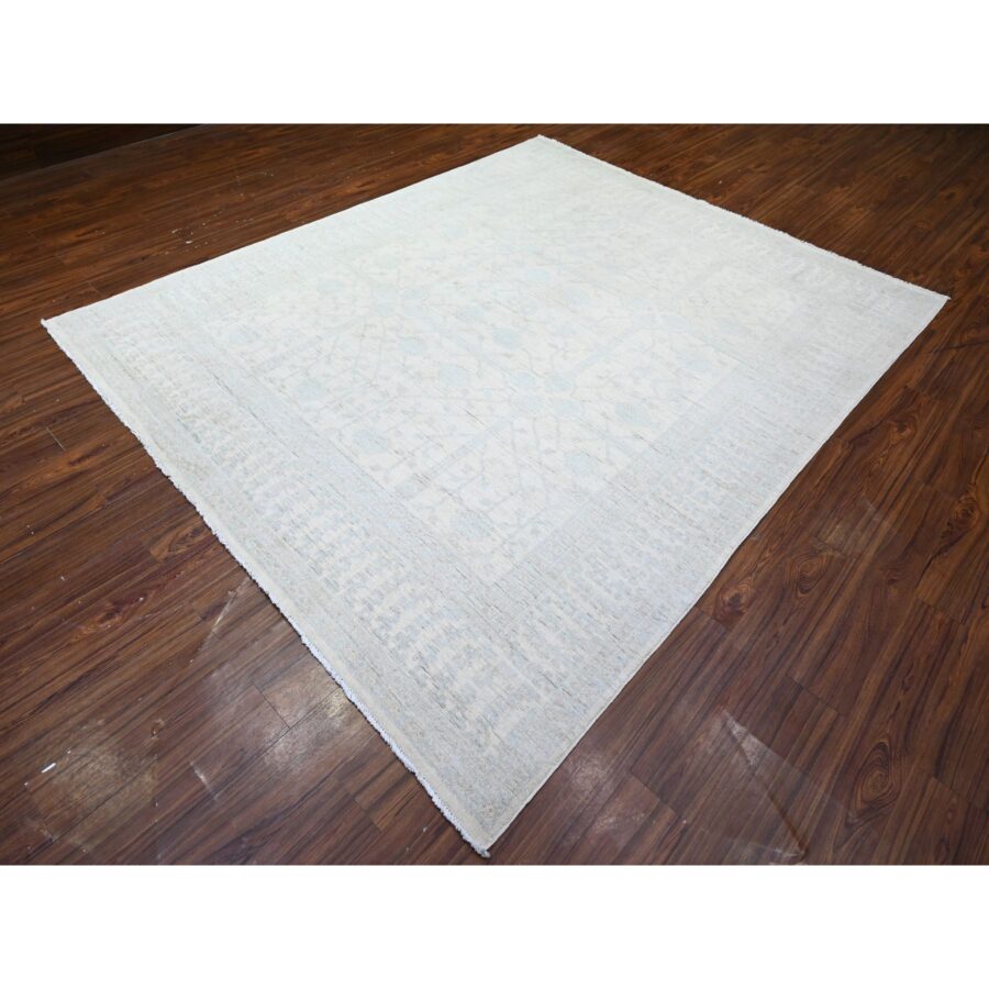 7'10"x9'5" Anti-Flash White, Hand Knotted, White Wash Khotan Inspired Pomegranate Design, Shiny Wool, Oriental Rug Sh74667 - Image 4