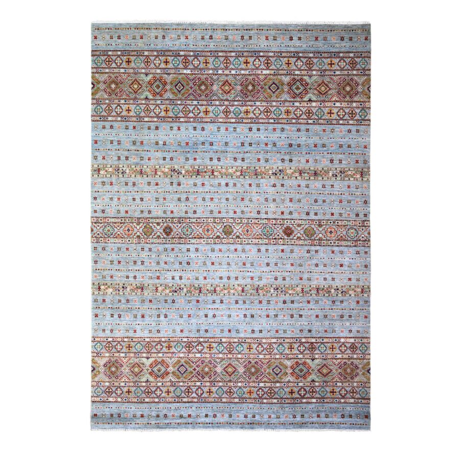 8'2"x11'10" Blue Gray, Super Kazak Khorjin Design With Colorful Tassels, Hand Knotted, Vibrant Wool, Oriental Rug Sh74676
