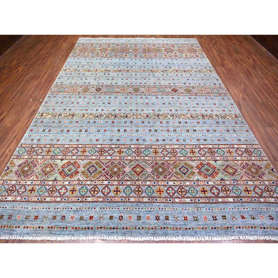 8'2"x11'10" Blue Gray, Super Kazak Khorjin Design With Colorful Tassels, Hand Knotted, Vibrant Wool, Oriental Rug Sh74676 - Image 2