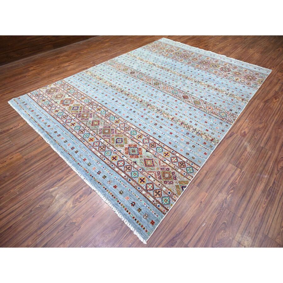 8'2"x11'10" Blue Gray, Super Kazak Khorjin Design With Colorful Tassels, Hand Knotted, Vibrant Wool, Oriental Rug Sh74676 - Image 3