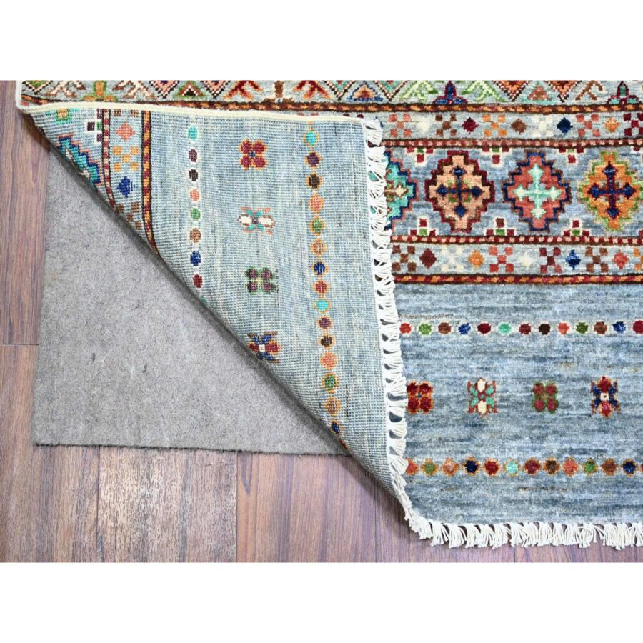 8'2"x11'10" Blue Gray, Super Kazak Khorjin Design With Colorful Tassels, Hand Knotted, Vibrant Wool, Oriental Rug Sh74676 - Image 4