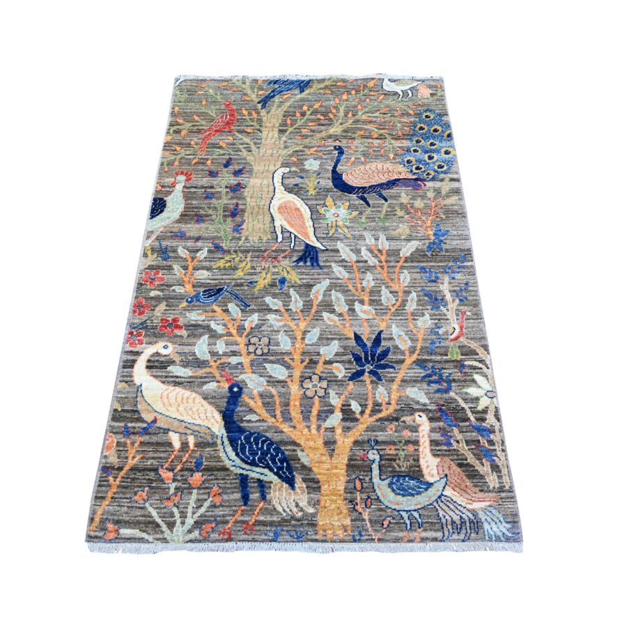 3'2"x5' Mink Gray, Pure Wool Afghan Peshawar with Birds of Paradise Design, Abrash, Natural Dyes, Hand Knotted, Oriental Rug Sh74728