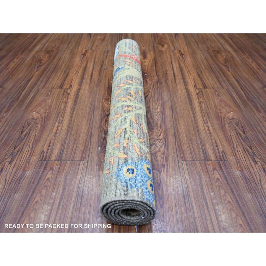 3'2"x5' Mink Gray, Pure Wool Afghan Peshawar with Birds of Paradise Design, Abrash, Natural Dyes, Hand Knotted, Oriental Rug Sh74728 - Image 4
