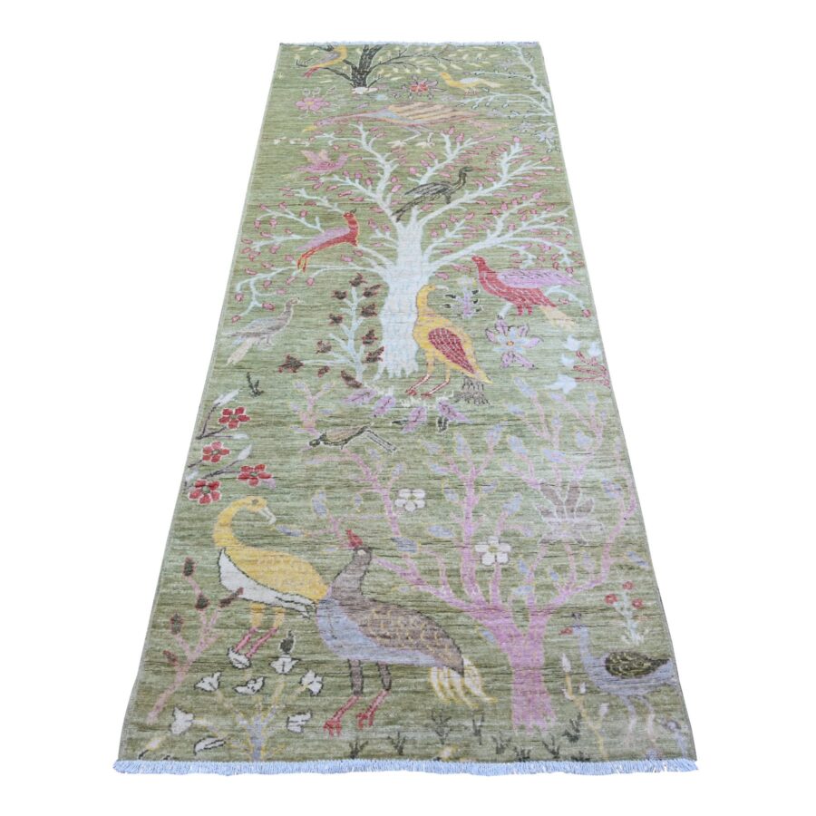 3'x7'9" Pantone Artichoke Green, Afghan Peshawar with Birds of Paradise Design, Abrash, Natural Dyes, Extra Soft Wool, Hand Knotted, Runner Oriental Rug Sh74759
