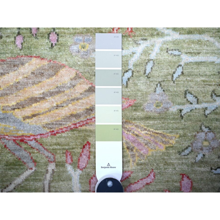 3'x7'9" Pantone Artichoke Green, Afghan Peshawar with Birds of Paradise Design, Abrash, Natural Dyes, Extra Soft Wool, Hand Knotted, Runner Oriental Rug Sh74759 - Image 3