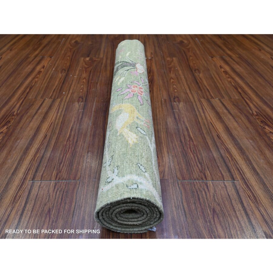 3'x7'9" Pantone Artichoke Green, Afghan Peshawar with Birds of Paradise Design, Abrash, Natural Dyes, Extra Soft Wool, Hand Knotted, Runner Oriental Rug Sh74759 - Image 4