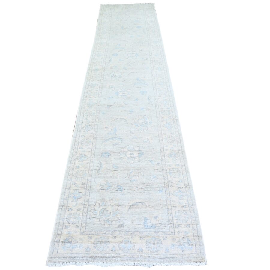 2'8"x12'2" Ice Gray, Vegetable Dyes, Peshawar Washed Out Faded Designs, Organic Wool, Hand Knotted, Runner Oriental Rug Sh74778