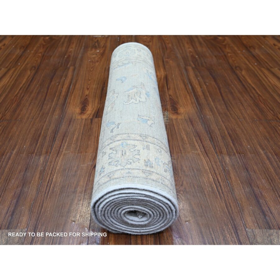 2'8"x12'2" Ice Gray, Vegetable Dyes, Peshawar Washed Out Faded Designs, Organic Wool, Hand Knotted, Runner Oriental Rug Sh74778 - Image 4