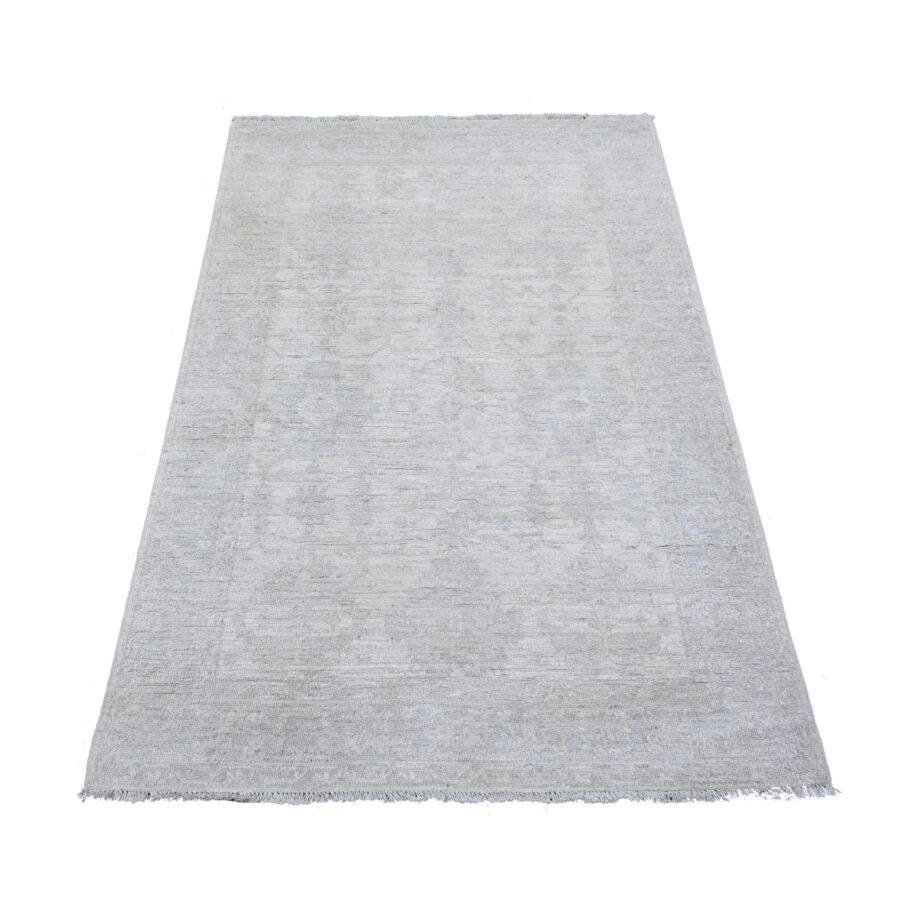 3'10"x5'7" Delicate White, Washed Out Peshawar with Faded Designs, Vegetable Dyes, Shiny Wool, Hand Knotted, Oriental Rug Sh74785