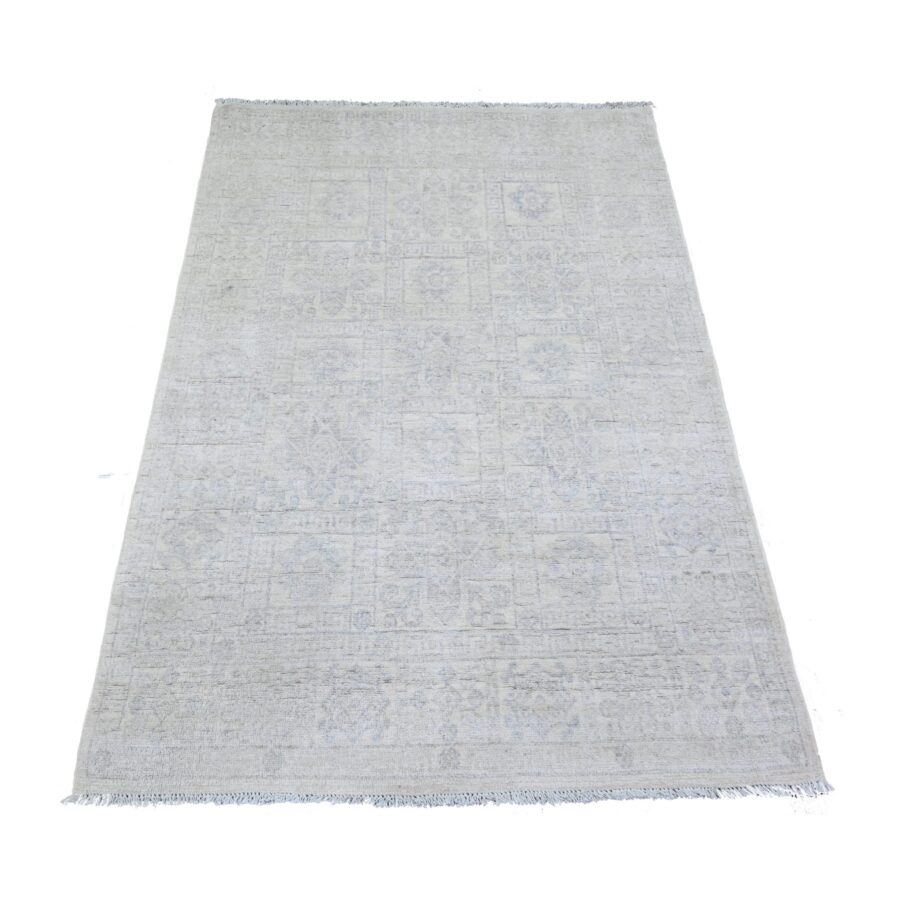 3'10"x5'7" Pacific Pearl Ivory, Soft and Velvety Wool, White Wash Peshawar with Khotan Design Natural Dyes, Hand Knotted, Oriental Rug Sh74786