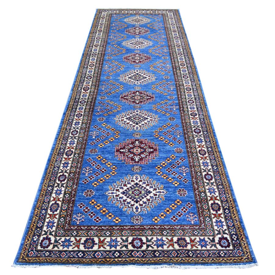 4'x11'6" Violet Blue, Afghan Super Kazak With Geometric Medallions, Natural Dyes, Densely Woven, Natural Wool, Hand Knotted, Runner Oriental Rug Sh74793