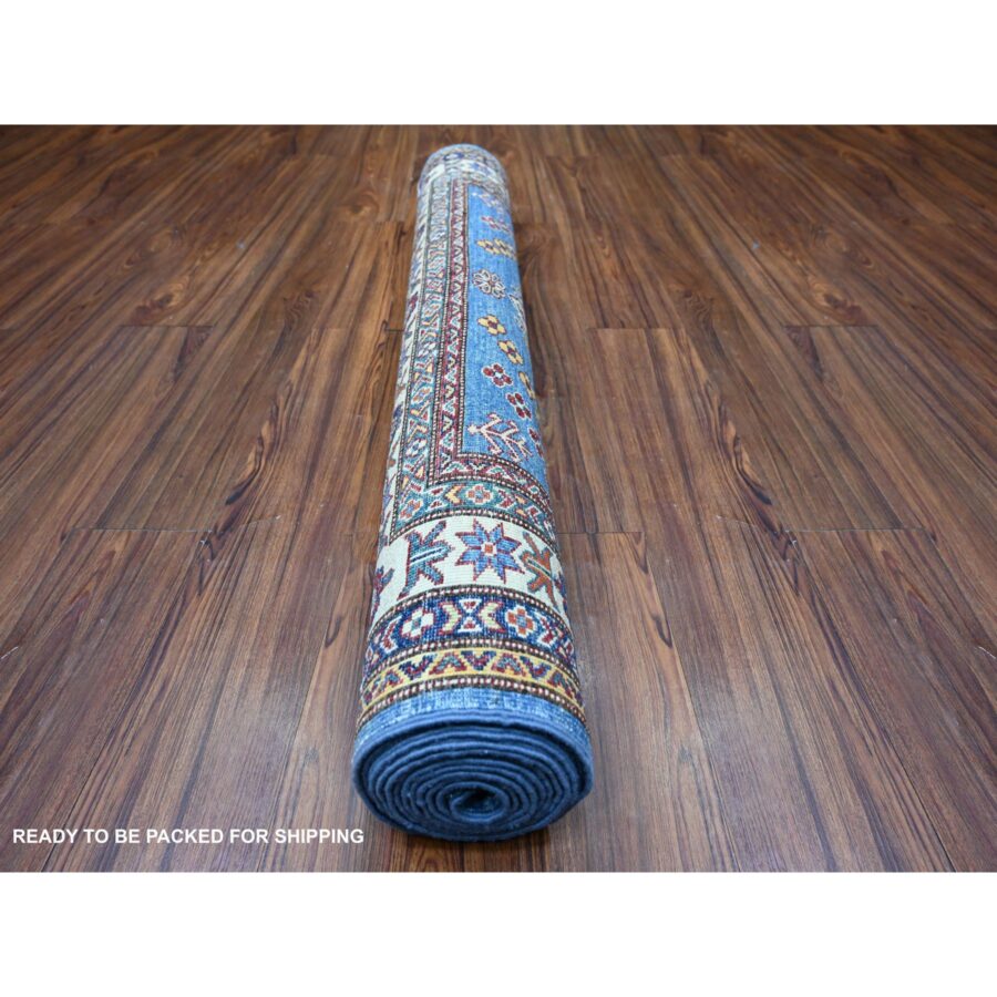 4'x11'6" Violet Blue, Afghan Super Kazak With Geometric Medallions, Natural Dyes, Densely Woven, Natural Wool, Hand Knotted, Runner Oriental Rug Sh74793 - Image 4