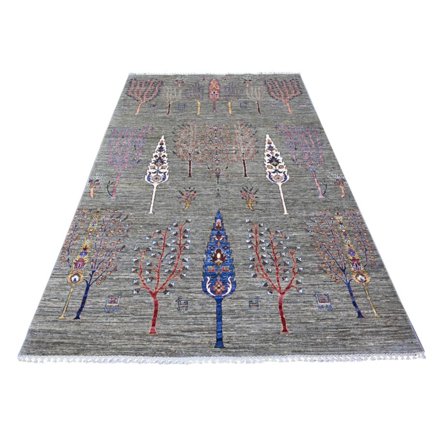 5'7"x8'3" Nevada Gray, Cypress Tree and Animal Figurines, Ariana Afghan, Dense Weave, Organic Wool, Vegetable Dyes,  Hand Knotted, Oriental Rug Sh74796
