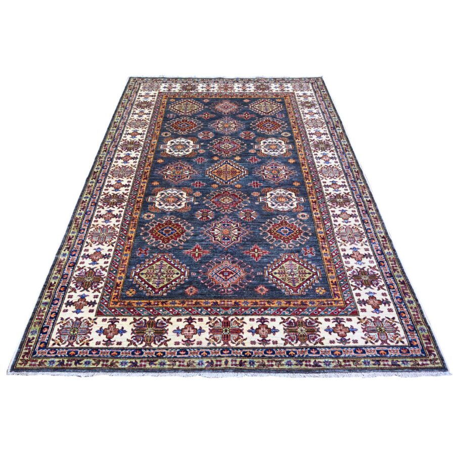 5'9"x7'10" Slate Gray with Pomelo White Afghan Super Kazak with Geometric Medallions Design, Natural Dyes, Dense Weave, 100% Wool, Hand Knotted, Oriental Rug Sh74800