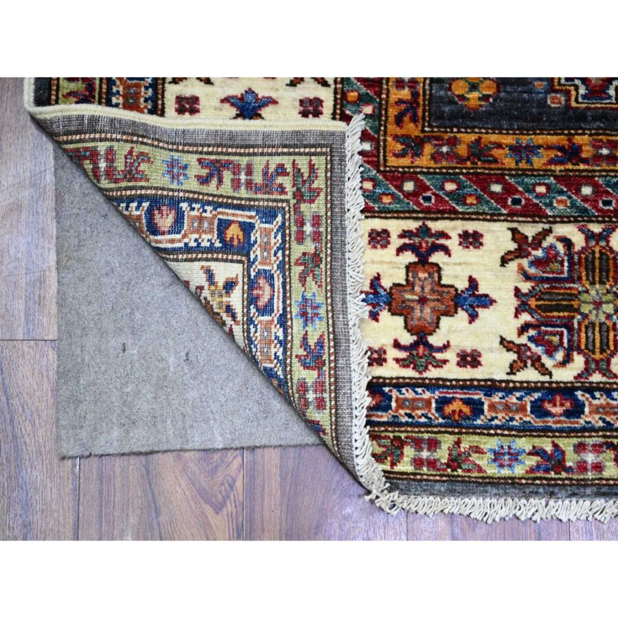 5'9"x7'10" Slate Gray with Pomelo White Afghan Super Kazak with Geometric Medallions Design, Natural Dyes, Dense Weave, 100% Wool, Hand Knotted, Oriental Rug Sh74800 - Image 2