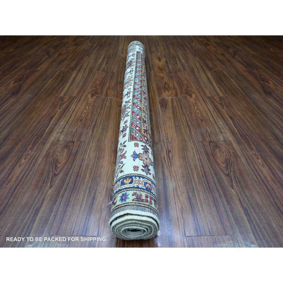 5'9"x7'10" Slate Gray with Pomelo White Afghan Super Kazak with Geometric Medallions Design, Natural Dyes, Dense Weave, 100% Wool, Hand Knotted, Oriental Rug Sh74800 - Image 4