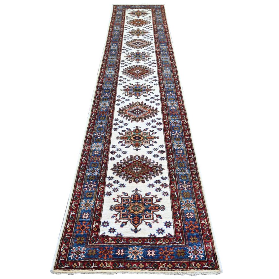 2'7"x12'10" Porcelain Ivory, Hand Knotted, Multiple Border, Afghan Super Kazak with Tribal Medallions Design, Runner Oriental Rug Sh74812