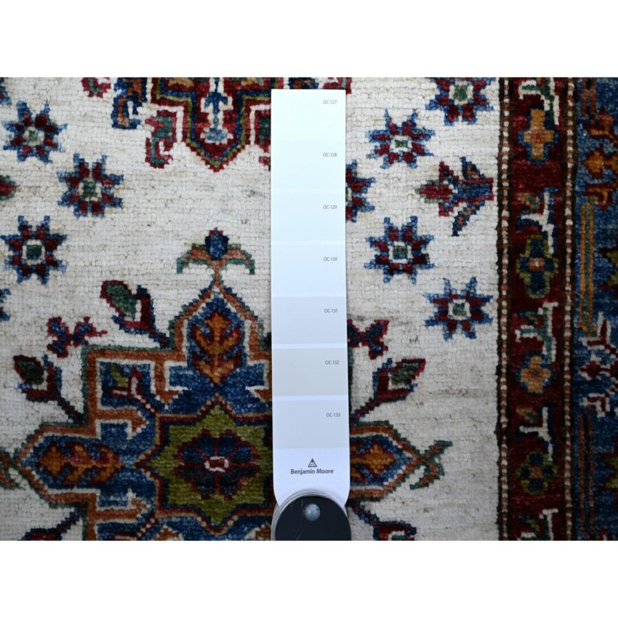 2'7"x12'10" Porcelain Ivory, Hand Knotted, Multiple Border, Afghan Super Kazak with Tribal Medallions Design, Runner Oriental Rug Sh74812 - Image 3