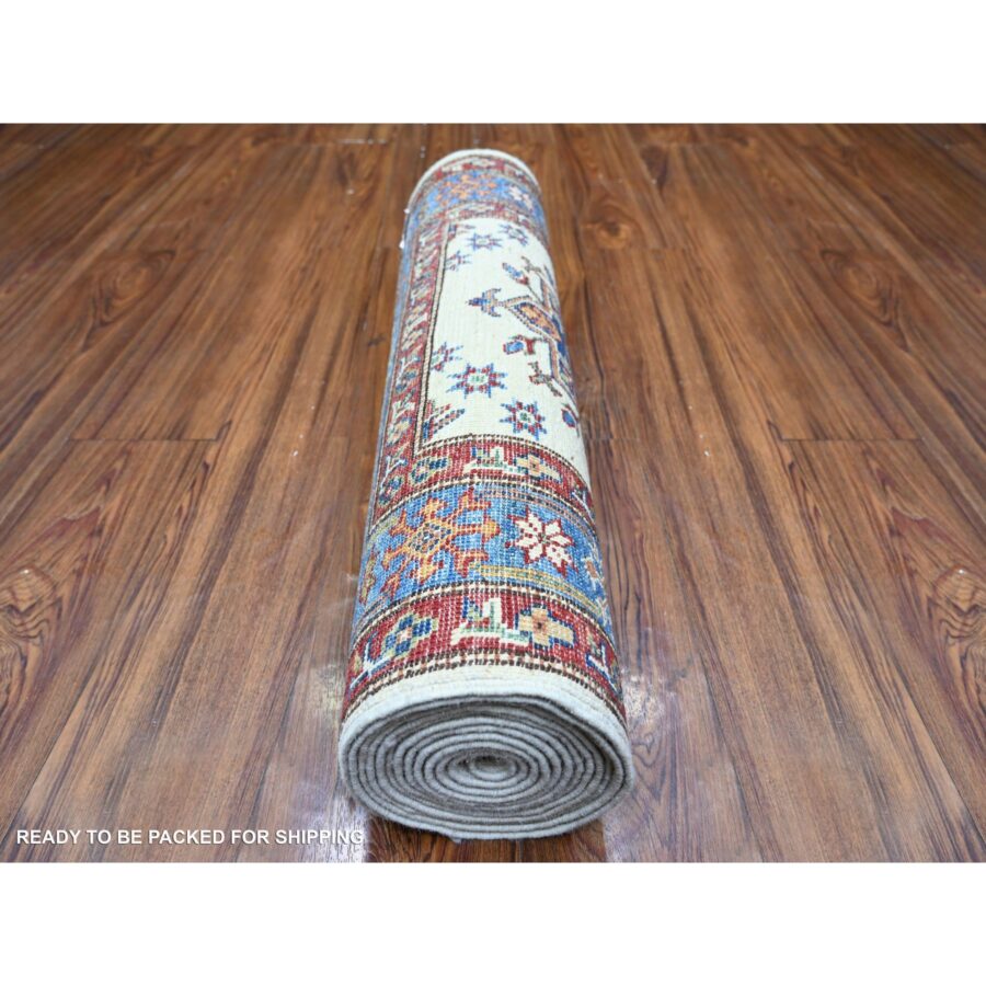 2'7"x12'10" Porcelain Ivory, Hand Knotted, Multiple Border, Afghan Super Kazak with Tribal Medallions Design, Runner Oriental Rug Sh74812 - Image 4