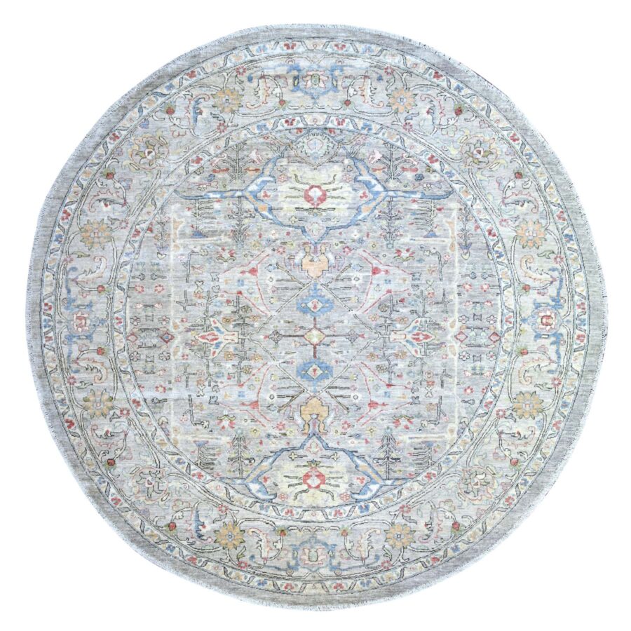 8'x8' Stone Eagle Gray, Hand Knotted, All Over Ziegler Mahal Design, High Grade Wool, Vegetable Dyes, Round Oriental Rug Sh74820