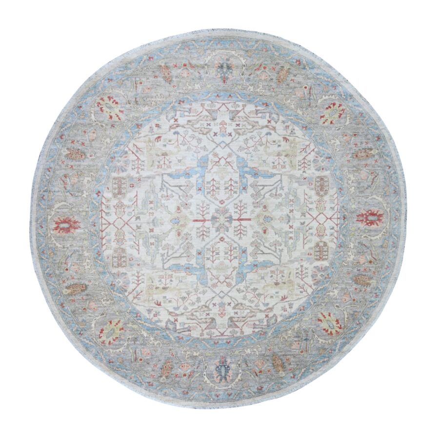 8'x8' White on White, Hand Knotted, High Grade Wool with Ziegler Mahal Design, Vegetable Dyes, Round Oriental Rug Sh74821