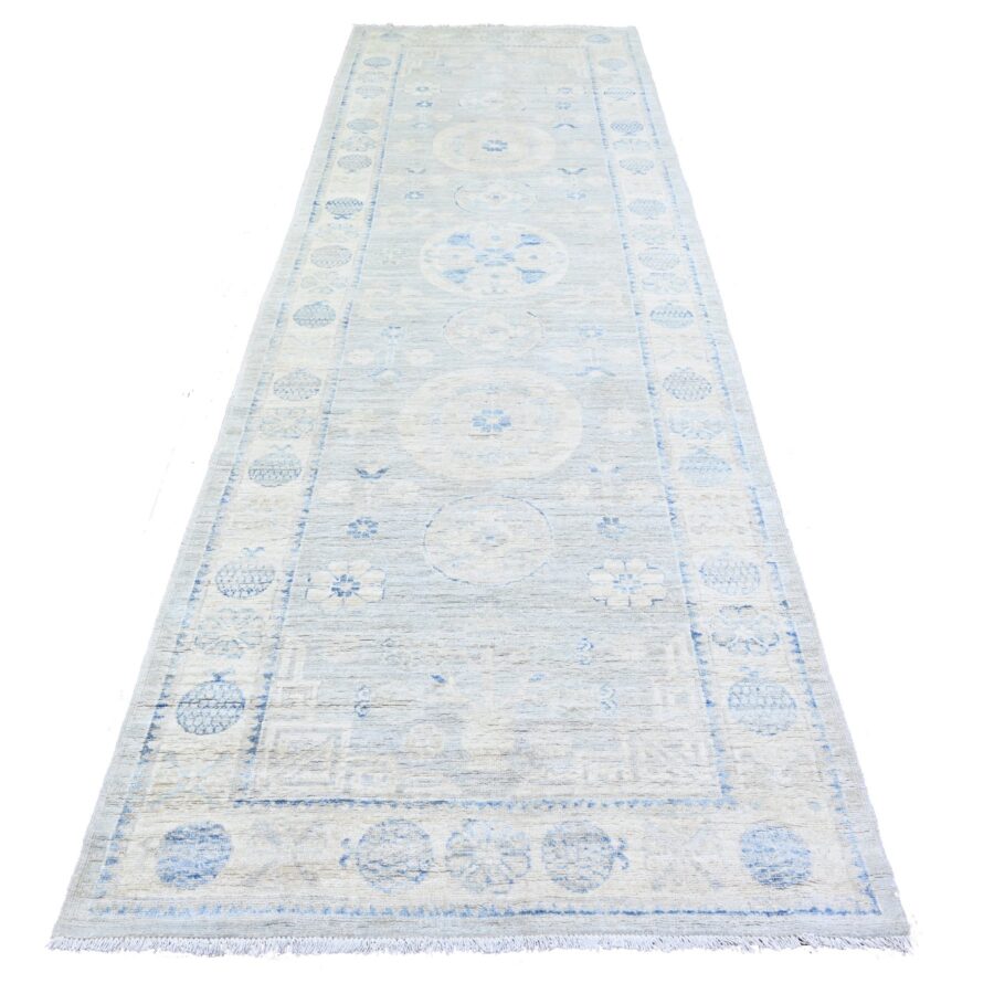 4'x12'1" Chrome Gray, White Wash Khotan with Pomegranate Garden Design, Organic Wool, Runner Oriental Rug Sh74877