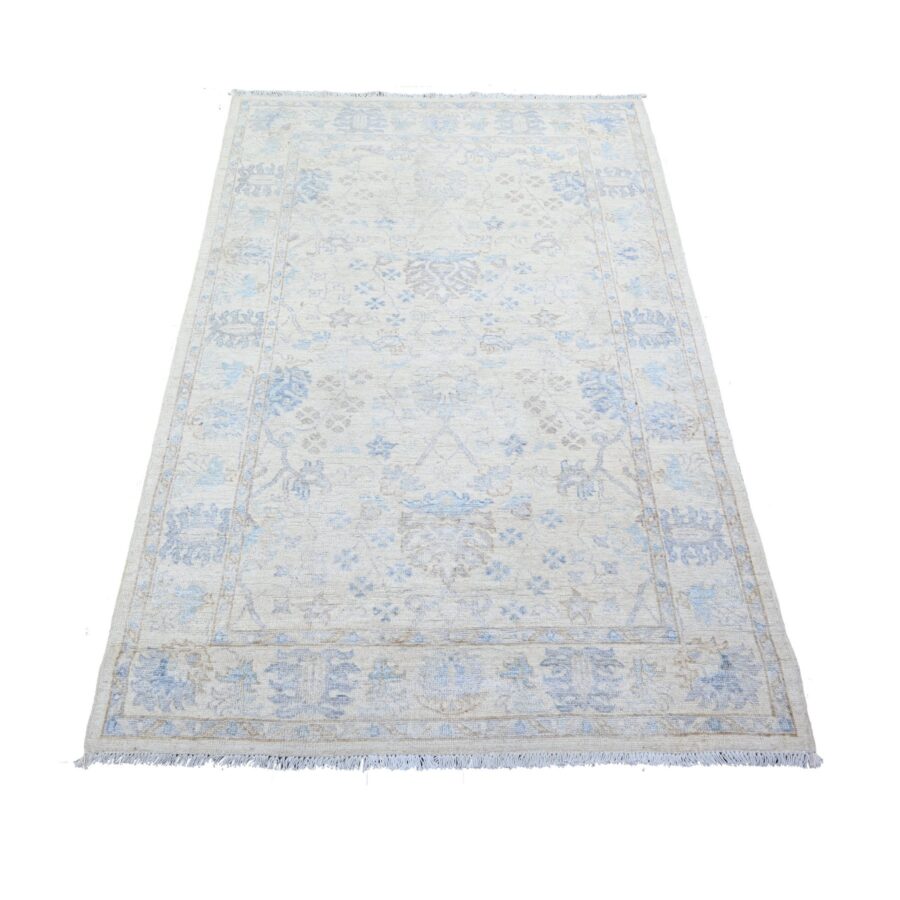 3'10"x5'9" Broken White, Vegetable Dyes, Peshawar with Washed Out Faded Colors, Shiny Wool, Hand Knotted, Oriental Rug Sh74878