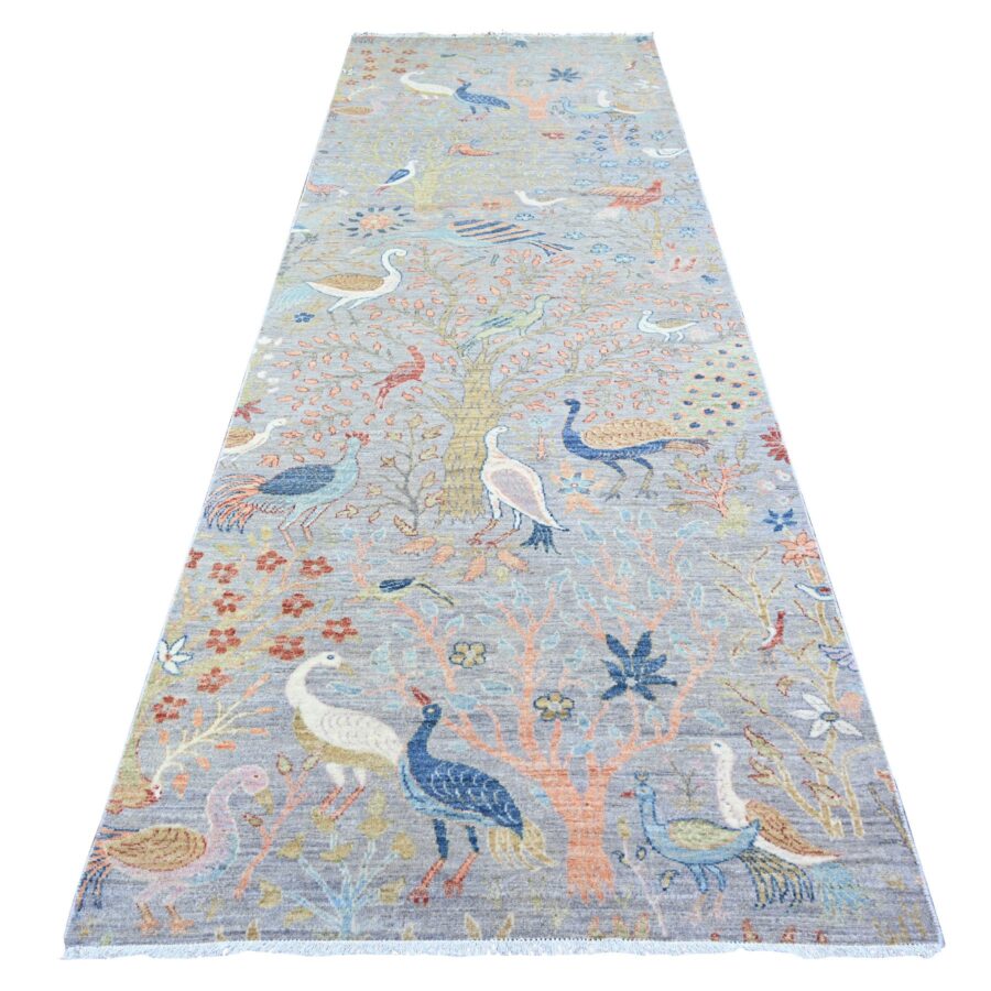 4'1"x11'10" Cloud Gray, Natural Dyes, Afghan Peshawar with Birds of Paradise Design, Natural Wool, Hand Knotted, Wide Runner Oriental Rug Sh74920