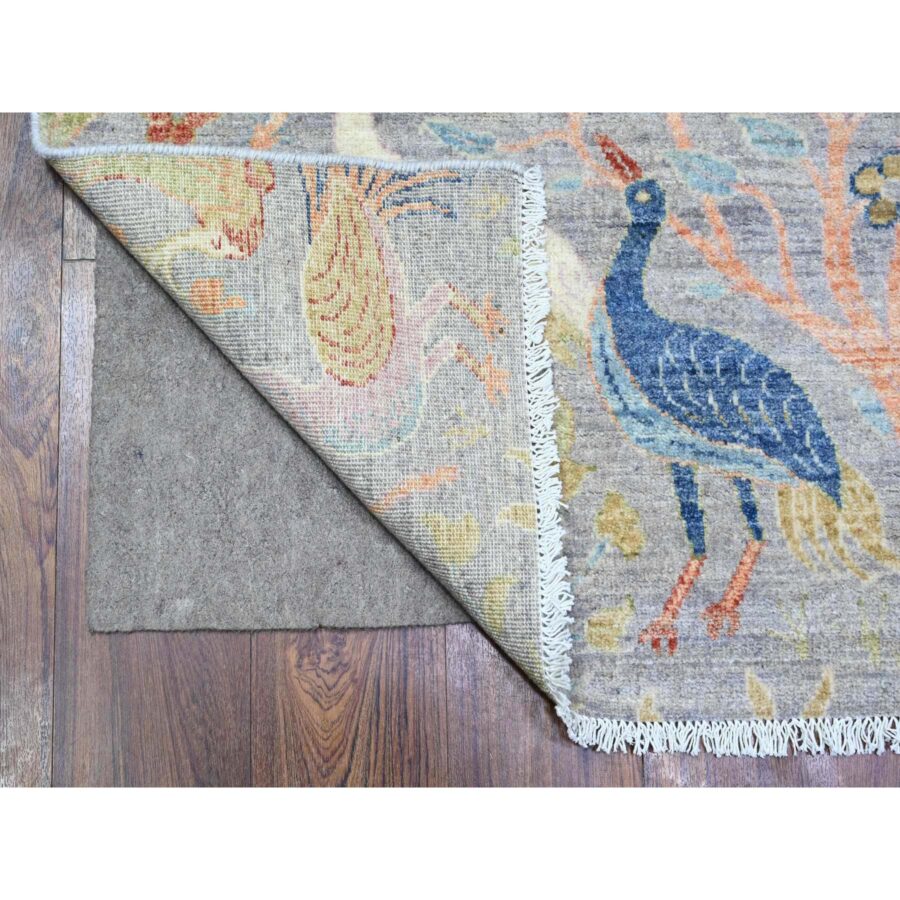 4'1"x11'10" Cloud Gray, Natural Dyes, Afghan Peshawar with Birds of Paradise Design, Natural Wool, Hand Knotted, Wide Runner Oriental Rug Sh74920 - Image 2