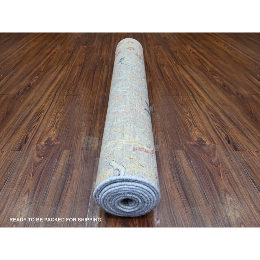 4'1"x11'10" Cloud Gray, Natural Dyes, Afghan Peshawar with Birds of Paradise Design, Natural Wool, Hand Knotted, Wide Runner Oriental Rug Sh74920 - Image 4