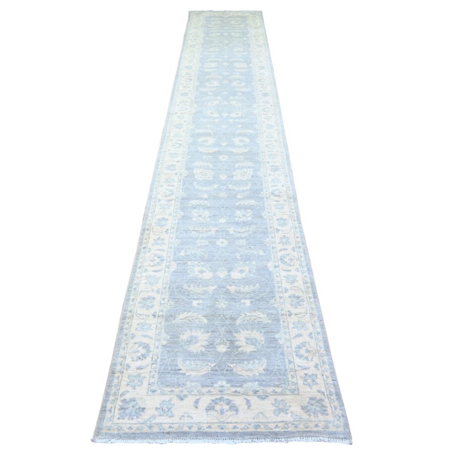 2'6"x14'8" Glaucous Gray and Spring Ivory, Natural Dyes, Natural Wool, Hand Knotted, Finer Peshawar with All Over Pattern, XL Runner Oriental Rug Sh74956