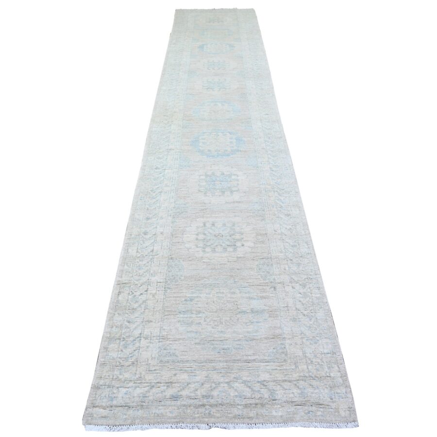 2'10"x15' Timberwolf Gray, Natural Dyes, White Wash Peshawar with Faded Colors, Khotan Design, Organic Wool, Hand Knotted, XL Runner Oriental Rug Sh74958