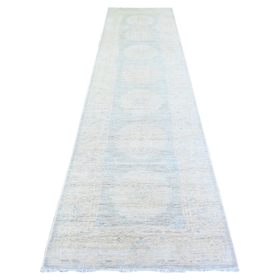 3'1"x12' Blue Gray and White Dove, Vegetable Dyes, White Wash Peshawar with Faded Out , Shiny Wool, Hand Knotted, Runner Oriental Rug Sh74961