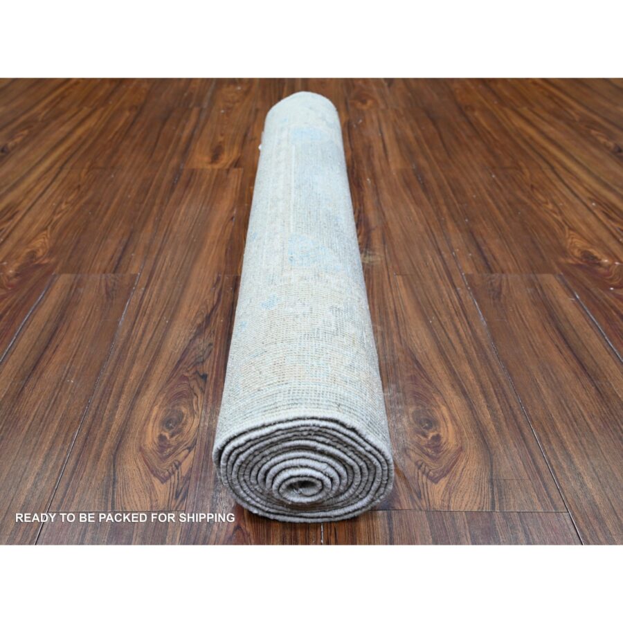 3'1"x12' Blue Gray and White Dove, Vegetable Dyes, White Wash Peshawar with Faded Out , Shiny Wool, Hand Knotted, Runner Oriental Rug Sh74961 - Image 4