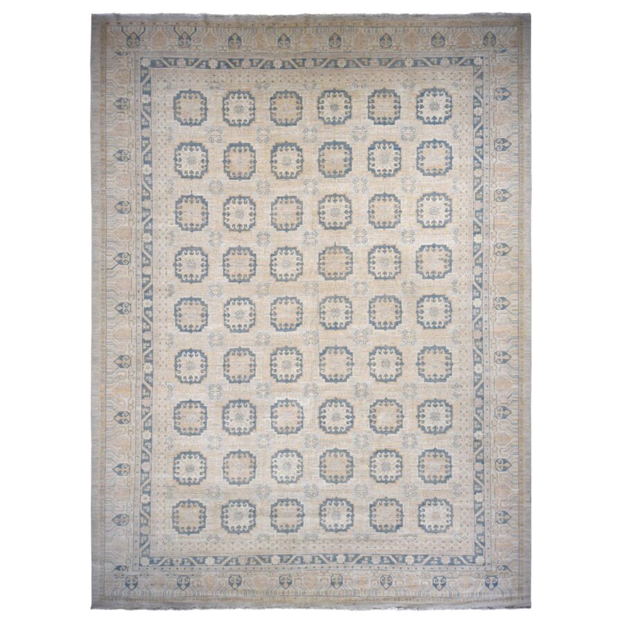 13'x17'7" Pale Ivory, White Wash Khotan with Repetitive Geometric Gul Design, Hand Knotted, Pure Wool, Extra Wide, Oversized, Oriental Rug Sh78012