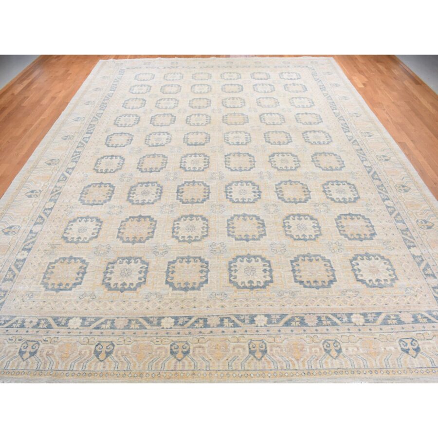 13'x17'7" Pale Ivory, White Wash Khotan with Repetitive Geometric Gul Design, Hand Knotted, Pure Wool, Extra Wide, Oversized, Oriental Rug Sh78012 - Image 2