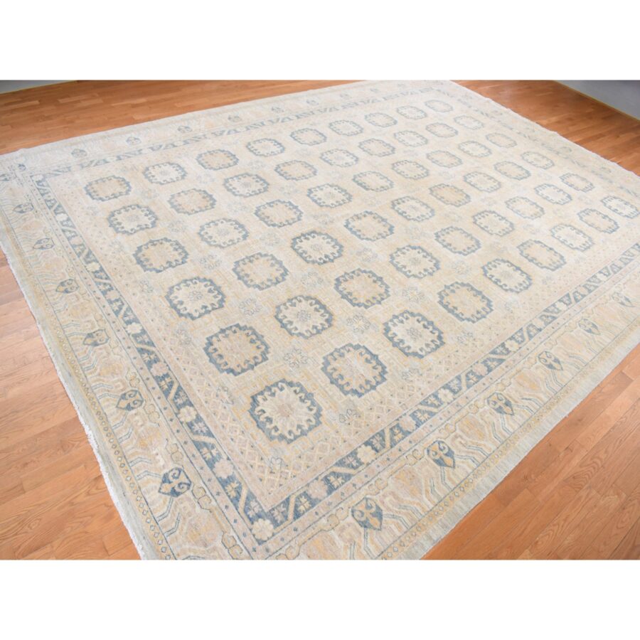 13'x17'7" Pale Ivory, White Wash Khotan with Repetitive Geometric Gul Design, Hand Knotted, Pure Wool, Extra Wide, Oversized, Oriental Rug Sh78012 - Image 3
