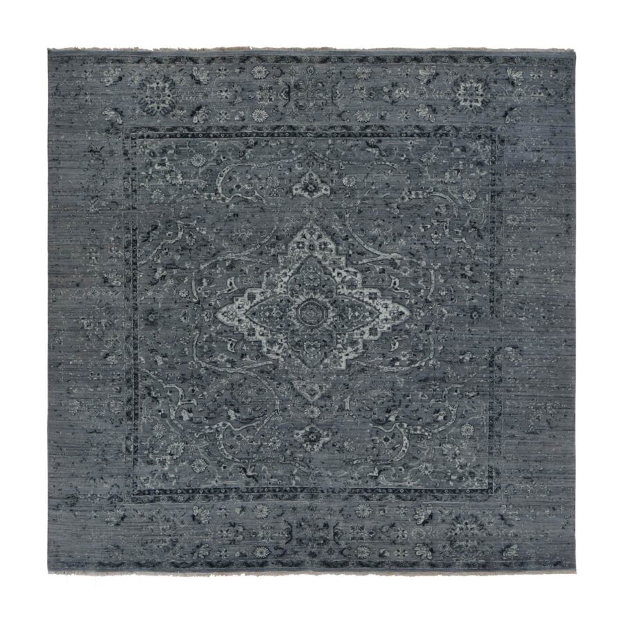 10'x10' Nickel Gray, Broken and Erased Persian Design, Pure Silk with Textured Wool, Hand Knotted, Square, Oriental Rug Sh78015